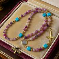Chapelet Catholique Perles en Pierre Naturelle Collier Crucifix Bijoux de Prière Religieux Accessoire de Bijouterie Chrétienne