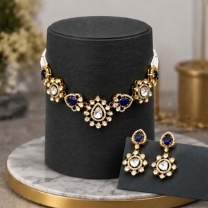 Elegant 925 <b>Silver</b> Necklace and Earrings Set with Blue and White Stones Traditional Indian Bridal Jewelry for Women - Product Image 1