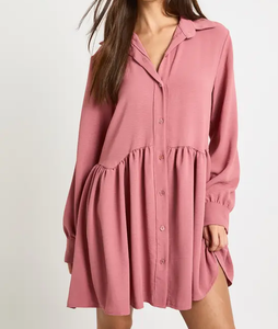 Women's Shirt <strong>Dress</strong>, Long Sleeve Lapel Mini Skirt, Casual Loose Fit with Pleats, Soft and Flowy Fabric - Product Image 1