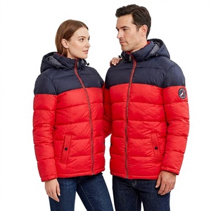 Red and Navy Color Block Hooded Puffer Jacket <b>Waterproof</b> Cotton Lining High Street Style <b>Winter</b> <b>Coat</b> for Men Women Casual Wear - Product Image 1