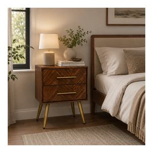 Mid Century Modern Wood Nightstand 2 Drawer <b>Bedside</b> <b>Table</b> Chevron Front OEM ODM Custom Supplier Direct Supply Furniture - Product Image 1