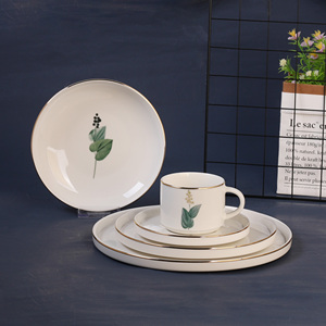 Набор современной керамической посуды из фарфора с золотым декором, тарелки и миски из нового костяного фарфора, свежий и воздушный дизайн с листьями, столовая посуда - Product Image 3