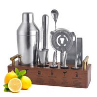 Nouveau design d'usine, vente en gros, ensemble de shaker à cocktails en acier inoxydable 12 pièces, kit de barman avec support en bois