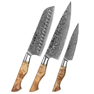 Knife Kitchen Set 3 Pcs Japanese Luxury Kitchen Damascus Steel Carbon Chef Knife Set With Figured Sycamore Wood Handle