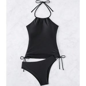 Maillot de bain élégant à imprimé palmiers avec cordon de serrage latéral et dos nu, paréo de plage personnalisé, tankinis pour femmes - Product Image 1