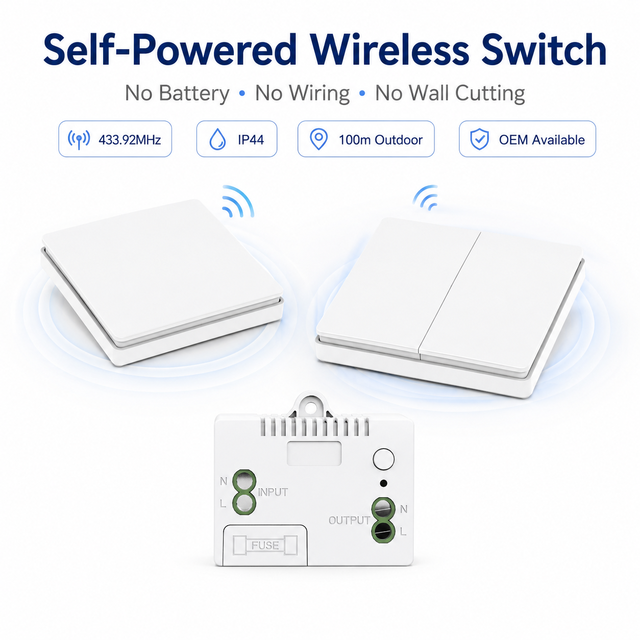 Kinetic Wireless Remote Control Home Light Switches Self-Powered Waterproof ABS PC Material Wall Switch Max. Current RF433