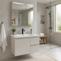 Ensemble de meuble-lavabo gris tout en aluminium et acier inoxydable avec miroir grossissant mural, double porte et éclairage LED, design moderne, facile à installer