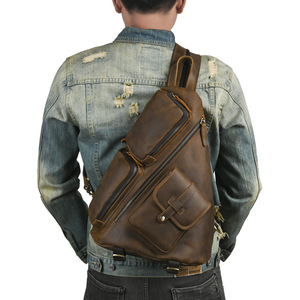 Crazy Horse Leather Chest Bag Dark <b>Brown</b> Large Capacity Multiple Pockets Men's <b>Backpack</b> Leisure Travel - Product Image 2