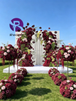 Burgunderrote Pfingstrosen-Rosen Hochzeitsblumen Grünes Anthurium Dunkelrote Blumenbogen Gangdekoration Blumenkugel Künstliche Hochzeitsblumenarrangements