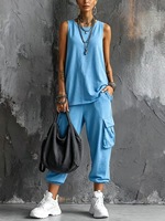 Setelan Dua Potong Wanita Bahan Poliester Atasan Tank Top Tanpa Lengan Celana Jogger Cargo Saku Utilitas Manset Elastis Pakaian Kasual Musim Panas Gaya Streetwear