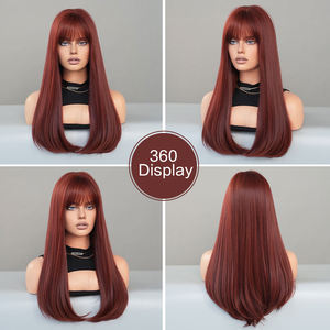 Parrucche rosso vino bordeaux per le donne lungo dritto parrucca con frangetta naturale morbido Cabello naturale Peluca - Product Image 6
