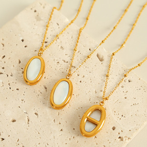 สร้อยคอจี้เปลือกหอยสีขาวรูปวงรี ขอบทอง ดีไซน์เรขาคณิต ใส่ได้ทุกวัน XL211 - Product Image 2