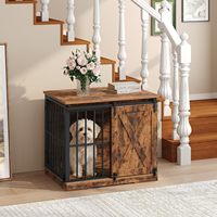 Table d'appoint pour chien en bois massif haut de gamme, style ferme moderne, avec porte coulissante type grange, tiroir, séparateur et résistance à la mastication, taille moyenne