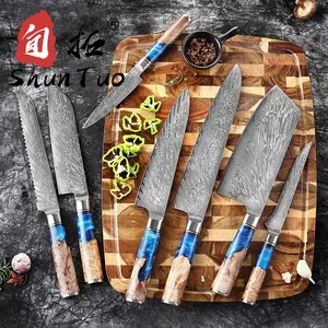 गर्म बेच नीले रंग लकड़ी संभाल खाना पकाने के उपकरण दमिश्क स्टेनलेस स्टील कतरन जापानी कतरन चाकू