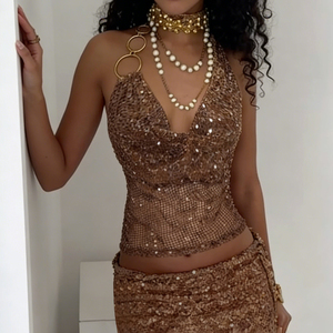 เสื้อครอปคอวัวประดับเลื่อมสีน้ำตาลสุดหรู, เสื้อครอปผูกเชือกด้านหลังแบบเปลือยหลัง, เสื้อคลับแวร์ปาร์ตี้สุดวิบวับสำหรับผู้หญิง - Product Image 4