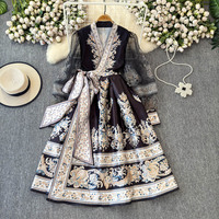 Robe décontractée élégante pour femme, imprimée, col en V, manches longues en maille, coupe trapèze, avec ceinture, idéale pour le quotidien, les fêtes et les vacances