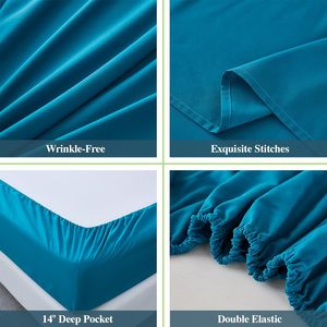 <span class=keywords><strong>Teal</strong></span> Vua Kích thước Sheets <span class=keywords><strong>Set</strong></span> 6 mảnh nhăn phai kháng tấm ga trải giường sợi nhỏ thiết lập - Product Image 6