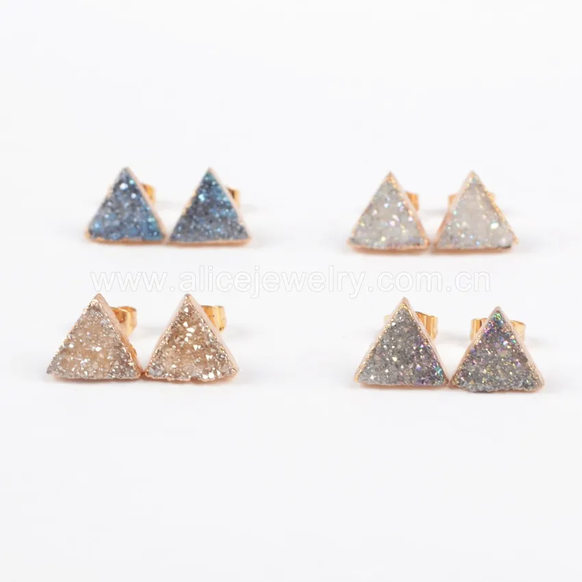 G0915 moda akik Druzy taşı takı üçgen Druzi toptan gül altın Druzy kristaller saplama küpe