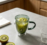Mug à lait en verre borosilicate double paroi fait main, vert foncé, intérieur côtelé verticalement, poignée verte, anti-fuite, compatible lave-vaisselle