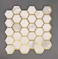 Mosaïque hexagonale en marbre blanc avec incrustation en laiton, mosaïque en parquet en acier inoxydable brossé doré pour mur intérieur