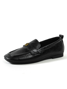 Mocassins noirs pour femmes avec décor camélia, chaussures plates en <span class=keywords><strong>cuir</strong></span> souple à bout carré, chaussures décontractées à enfiler pour le bureau - Product Image 2