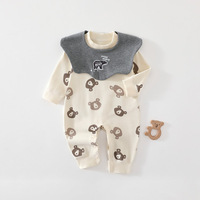 Combinaison pour nouveau-né avec bavoir amovible, en pur coton, à manches longues, imprimé ours de dessin animé, pour bébé de 0 à 24 mois