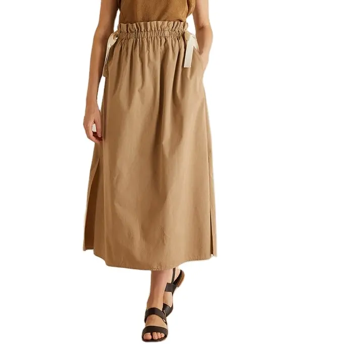 Solid Paper Bag Waist Lace Up Skirt Casual Split Loose Skirt With Pocket Custom Long Skirt For Women