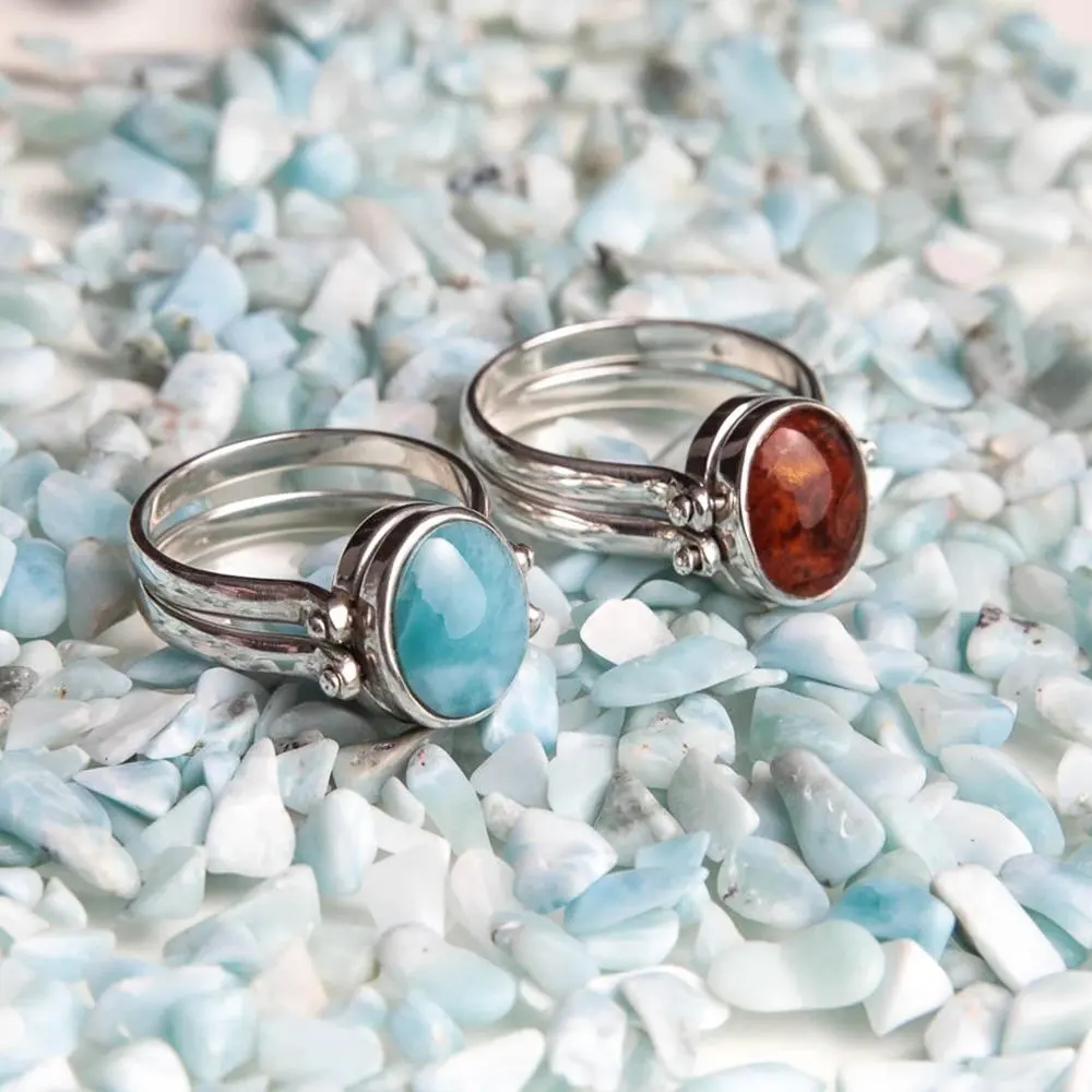 925 Sterling Silver Larimar Amber Ring Double Sided Woman Reversible Flip Ring