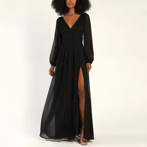 Oem Casual Fashion Women'S Clothing Black V-Neck Long Sleeve Maxi Dress Romantic Empire Waist Dresses