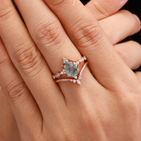 Anillo de Compromiso Vintage Único con Halo de Circonitas y Flor de Ágata Verde Musgo, Chapado en Oro Rosa 925, con Gema para Fiesta