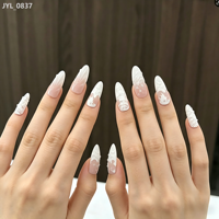 24 faux ongles à presser, style occidental épicé, rose nude transparent, texture blanche 3D, amande, paillettes argentées, élégants pour soirée, réutilisables