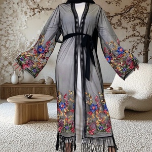 9.9 Big Sale Open Abaya Breathable Mesh With Flowers Embroidery With Tassel Bottom Modest Muslim Dubai Women Abaya No Inner 1904 - Product Image 6