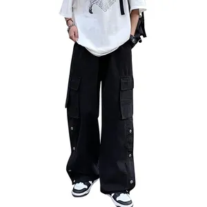 Manufacturer Wholesale Blank Multi Pockets Trouser Side Button Custom Cotton Track Pant Baggy Cargo Pants Men