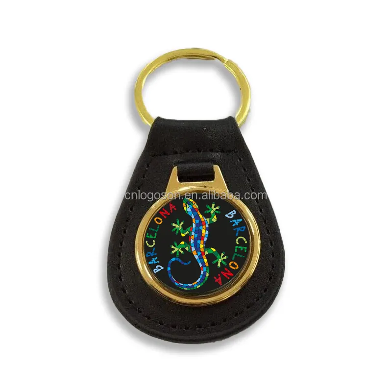 Barcelona keepsake black leather keyring metal badge custom key holder blank keychain