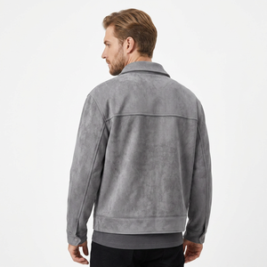 Gray <b>Suede</b> Trucker <b>Jacket</b> Full Sleeve Turn-down Collar Zipper Closure Autumn Regular Fit Solid Color Men Women's <b>Jacket</b> - Product Image 2