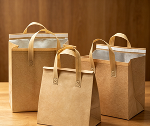Insulated tote bag made of thickened kraft-textured non-woven fabric with reinforced stitched webbing <b>handles</b> - Product Image 3
