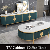 Ensemble de meuble TV et table basse en bois de luxe pour salon, moderne pour petit appartement, meuble TV avec plateau en pierre, finition peinte