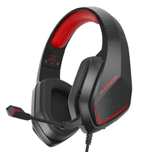 Ps5 headset earphone gaming H5, headphone penghilang kebisingan dengan Mic lampu LED, headset over-ear stereo merah