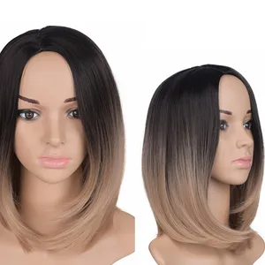 Lage Prijs Synthetische None Lace Pruik 12.5Inch 180G Middelste Deel Korte Ombre Kleur Natuurlijke Rechte Bob Haar Pruik Voor Vrouwen Extensie