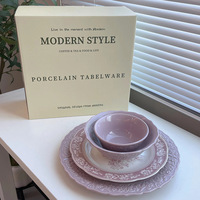Service de vaisselle en céramique violette style français romantique 2026 avec boîte cadeau pour 2, 4, 6 ou 10 personnes – Assiettes et bols