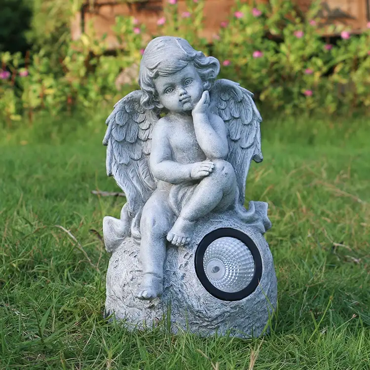 Индивидуальный дизайн, садовый маленький ангел из смолы на солнечной батарее, оптовая продажа садовых полимерных фигурок ангелов ^