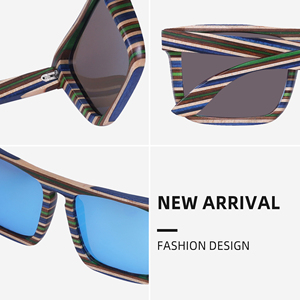 Gafas de Sol de Bambú con Lentes Azules Espejo, Estilo Moderno 2023, Protección UV, Montura con Rayas - Product Image 4