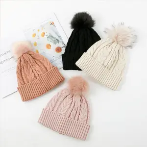 新设计的成人韩式冬季针织图案绒球Bennie帽子