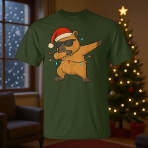 T-shirt con cappello natalizio e luci a LED a forma di capibara, design divertente per le feste - Product Image 3