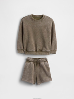 Vêtements pour enfants en gros, ensemble vintage en deux pièces avec pull à col rond et short à poches, effet délavé à l'acide