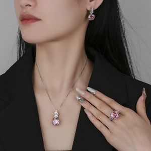 Wholesale Eco-friendly Copper Rose Cut 14-12MM Pink Cubic Zirconia Temperament Necklace and <b>Earrings</b> Ring Jewelry <b>Set</b> - Product Image 6