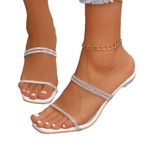 Sandalias de tacón alto transparente con punta cuadrada y tira fina de diamantes de imitación para mujer, estilo mule, para fiesta - Product Image 6
