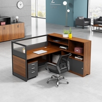 Table de bureau modulaire convertible moderne, poste de travail individuel pour cadre, en teck et gris fer, avec tiroir à classeurs E1