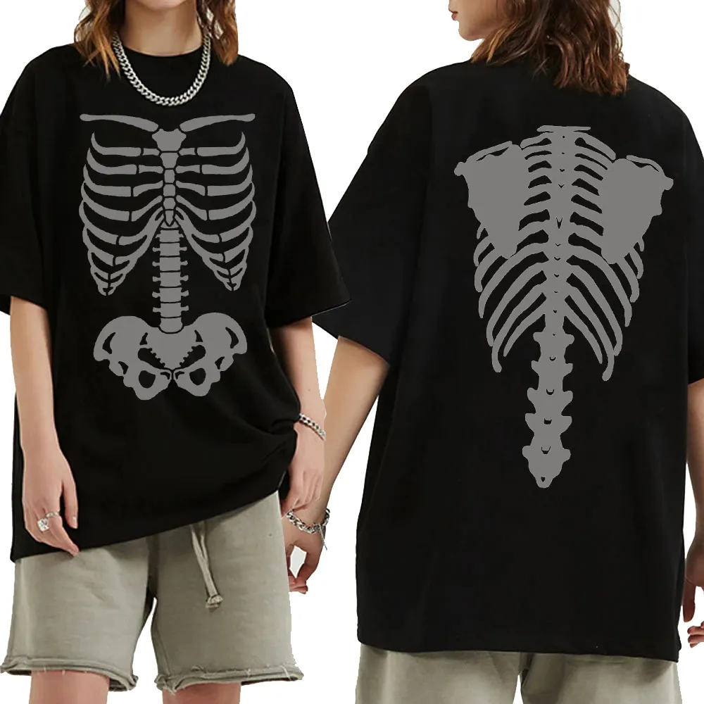 2024 Fashion Hip pop Streetwear Skeleton Print oversized T shirts Black Goth Punk Vintage Oversized Loose heavyweight T-shirt To