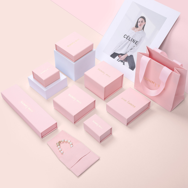 Custom Logo Paper Jewellery Earring Necklace Bracelet Magnet Pink Jewelry Packaging Box with Velvet and Foam Insert
